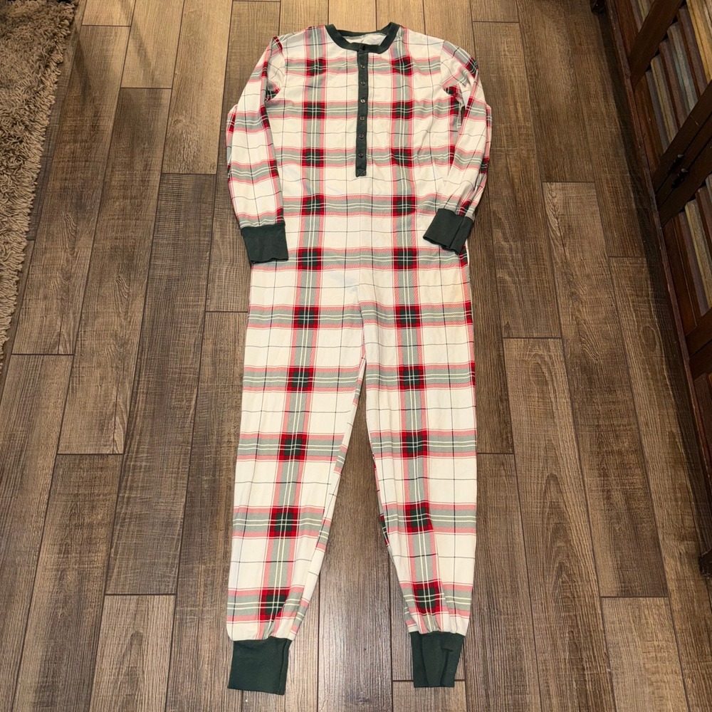 Hearth & Hand Magnolia Mens Plaid Union Suit Pajamas Red Green White Medium